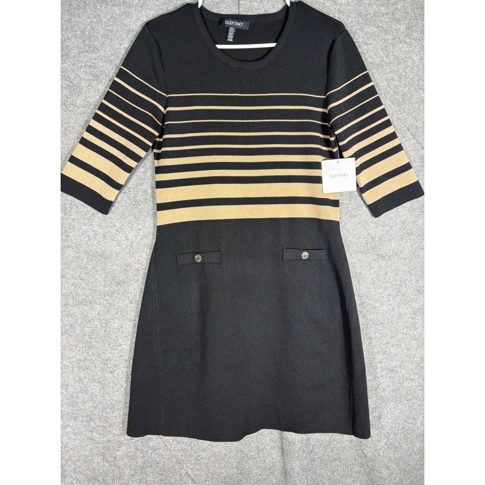 Ellen Tracy Black Camel Stripe Knit Sweater Dress ETKF4010 Womens XL NWT